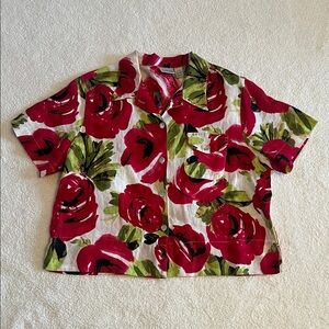 Chico's Size 2 (size 12) Red and Green Floral  Linen button down